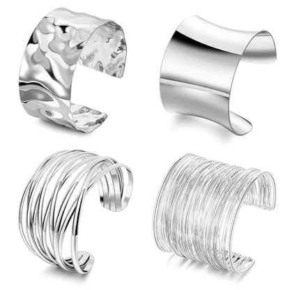 4Pcs Chunky Gold Cuff Bracelects for Women Gold Bangles Irregular Minimalist Statement Bangle Bracelets Set Open Wide Bangle Upper Arm Cuff Jewelry - color: Silver-A