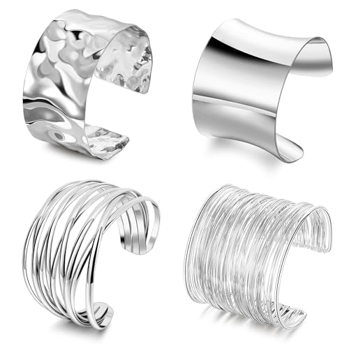 4Pcs Chunky Gold Cuff Bracelects for Women Gold Bangles Irregular Minimalist Statement Bangle Bracelets Set Open Wide Bangle Upper Arm Cuff Jewelry - color: Silver-A