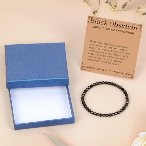 LPBeads Handmade Natural Gemstone Stretch Elastic Bracelet Healing Crystal Round Stone Beads Jewelry Gifts for Women Men - color: Black Obsidian, size: 4mm