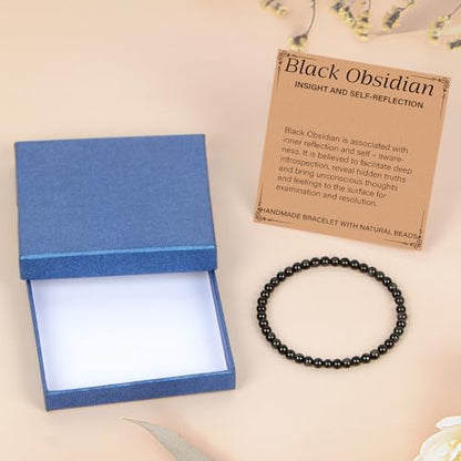 LPBeads Handmade Natural Gemstone Stretch Elastic Bracelet Healing Crystal Round Stone Beads Jewelry Gifts for Women Men - color: Black Obsidian, size: 4mm