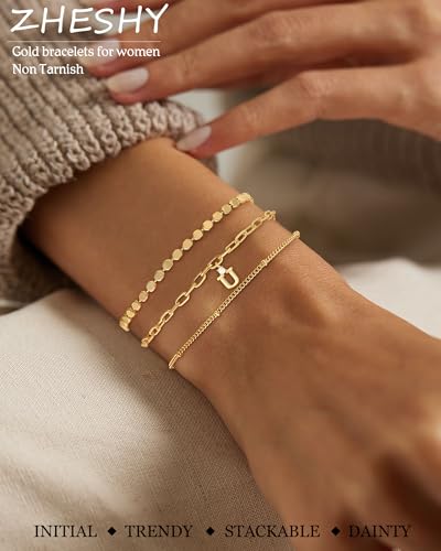 ZHESHY Gold Initial Bracelets for Women Dainty Letter A-Z Charm Bracelets Non Tarnish 14K Gold Plated Stackable Layered Paperclip Link Chain Bracelets Stack Set Personalized Gifts Womens Jewelry - color: Gold U