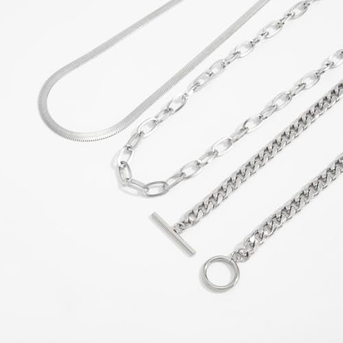 Layered Silver Chain Necklace for Women Chunky Stainless Steel Chains Necklaces Trendy Cuban Link Paperclip Chain Toggle Clasp Choker Necklace Stack Set Jewelry - color: Silver
