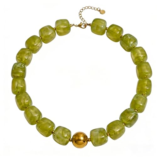 Colorful Statement Chunky Beaded Necklace for Women Trendy Y2K Boho Choker | Large Square Resin Beads Bold Summer Vacation Jewelry - color: Light green