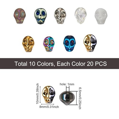 Elecrelive 180Pcs Halloween Skull Beads Skeleton Head Glass Beads 9 Styles Gothic Charms for Necklace Bracelets Earrings Jewelry Making - color: 9 Colors