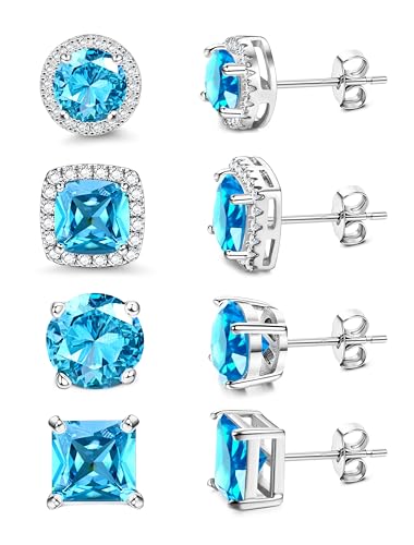 MILACOLATO S925 Sterling Silver Stud Earrings for Women Men Hypoallergenic 18K Gold Plated Cubic Zirconia Earrings Studs Brilliant Simulated Diamond Halo Earring for Sensitive Ears - style: 18K White Gold Plated - Blue CZ