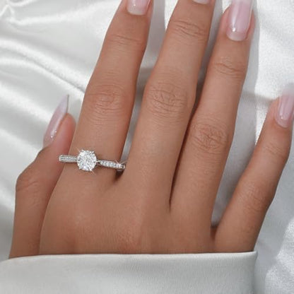 LUSHE Moissanite Engagement Ring 1-2CT D Color VVS1 Clarity 925 Sterling Silver with 18K White Gold Plated Solitaire Moissanite Wedding Promise Rings for Women - color: 003-1 Carat