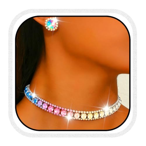 CLOACE Rhinestone Bridal Wedding Jewelry Set Sparkly Chocker Necklaces Earrings Prom Jewelry Accessories for Women - color: Colorful