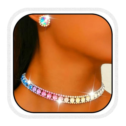 CLOACE Rhinestone Bridal Wedding Jewelry Set Sparkly Chocker Necklaces Earrings Prom Jewelry Accessories for Women - color: Colorful