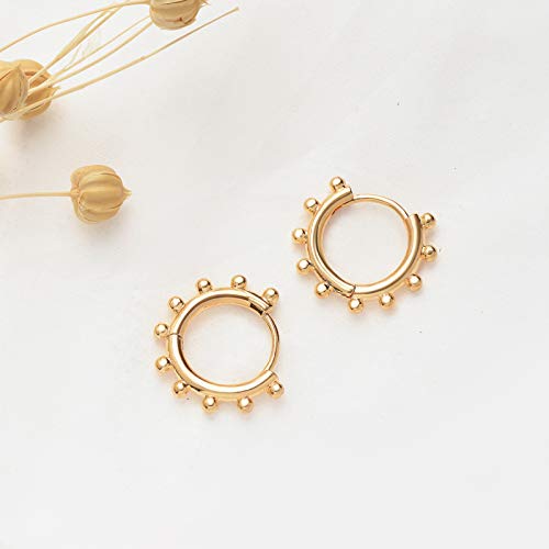 Huggie Hoop Earrings 14K Gold Plated Cubic Zirconia Dainty Simple Cute Beads Elegant CZ Circle Small Hoop Earring for Women Minimalist Handmade Hypoallergenic Jewelry - color: Beaded B