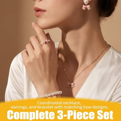 4PCS Pink Pearls Necklace Earrings Bracelet Ring Set Elegant Bow Adorned Jewelry Set for Women Valentine's Day & Special Occasions