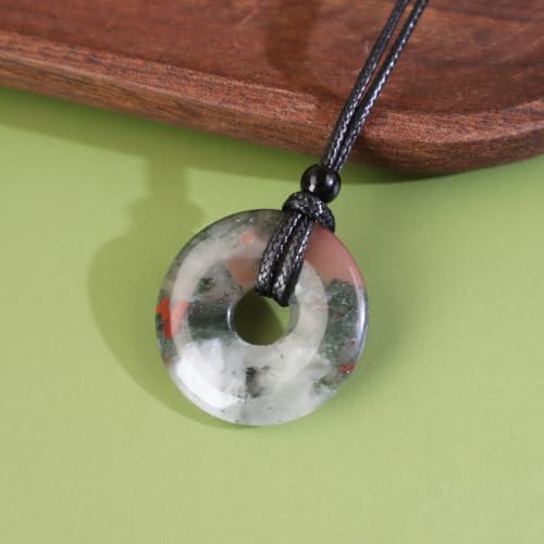 FANASY Natural Gemstone Pendant Necklce Lucky Coin Crystal Necklace Protection Donut Pendnat with Adjustable Rope for Men Women - color: African Bloodstone