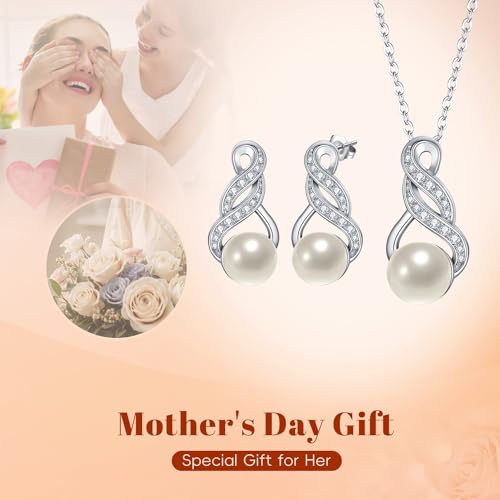 EleQueen 925 Sterling Silver CZ Freshwater Cultured Pearls Bridal Pendant Necklace Earrings Wedding Jewelry Sets, Valentine's Day/Mother's Day/Christmas Gift - style: Pearl Necklace Stud Earrings