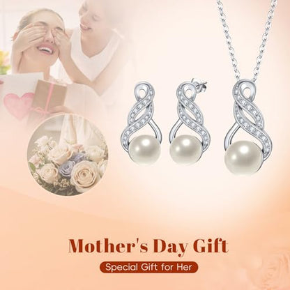 EleQueen 925 Sterling Silver CZ Freshwater Cultured Pearls Bridal Pendant Necklace Earrings Wedding Jewelry Sets, Valentine's Day/Mother's Day/Christmas Gift - style: Pearl Necklace Stud Earrings