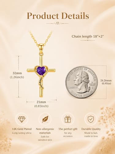 14K Gold Cross Necklace for Women Dainty Birthstone Pendant | Heart I Love You Romantic Jewelry Anniversary Christian Religious Baptism Birthday Gifts with 18"+2" Adjustable Chain - color: 14K Gold-02-Feb Birthstone