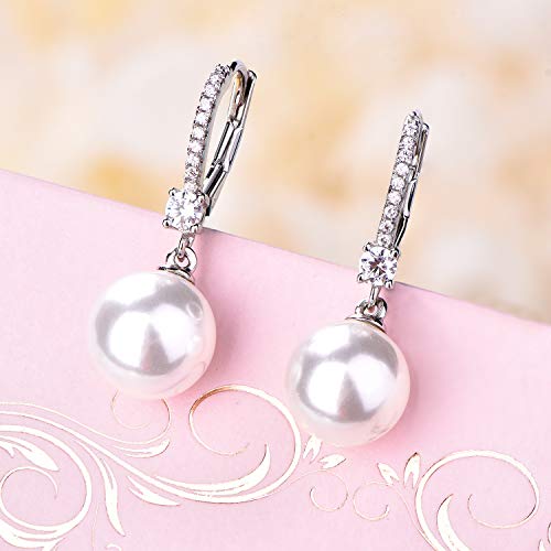 JO WISDOM 925 Sterling Silver Freshwater Pearl Hoop Earrings with Dangle Real Pearl,Simulated Pearls - color: C-10mm white pearl,round shape