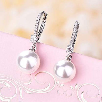 JO WISDOM 925 Sterling Silver Freshwater Pearl Hoop Earrings with Dangle Real Pearl,Simulated Pearls - color: C-10mm white pearl,round shape