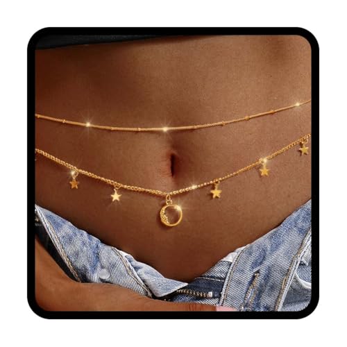 Tgirls Gold Waist Chain for Women Rhinestone Layered Belly Chains Beads Body Chain Heart-Shaped Beach Body Jewelry for Summer - style: Star 2