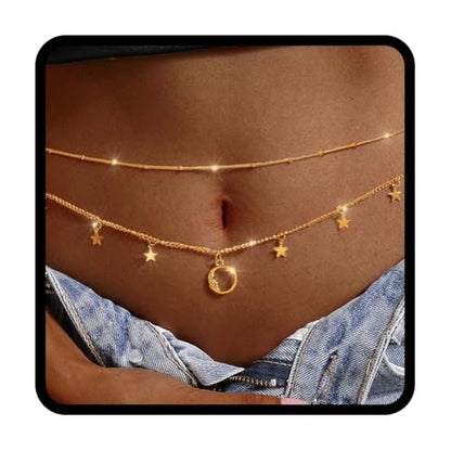 Tgirls Gold Waist Chain for Women Rhinestone Layered Belly Chains Beads Body Chain Heart-Shaped Beach Body Jewelry for Summer - style: Star 2