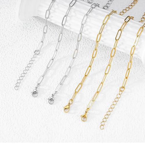 KEIAOUE 16 Pack Charm Bracelet Chain Bulk Gold Plated Stainless Steel Paperclip Chains Bracelets for DIY Jewelry Making - color: Gold