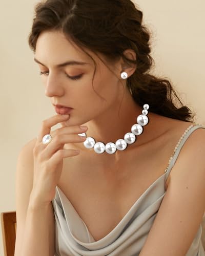 Pearl Jewelry Set for Women Faux Pearl Costume Jewelry Set with Necklace, Bracelets, Ring, Earrings for Wedding Bridal Birthday Tea Party - color: White Chunky