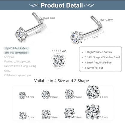 20G Nose Rings Studs for Women Corkscrew Sliver Nose Studs Hypoallergenic Nose Rings 316L Stainless Steel Nose Nostril Percing Jewely for Women Men Round Square CZ Imitation Diamond 1.5mm/2.0mm/2.5mm/3.0mm - style: 20G-L-shape-sliver-1.5mm