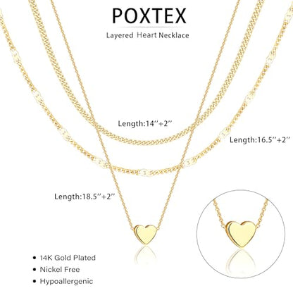 Poxtex Layered Gold Necklaces for Women, Stackable Dainty 14K Gold Silver Plated Trendy Simple Heart Diamond Cross Bow Circle Pendant Paperclip Choker Dot Chain Necklace,Jewelry Set Gifts for Women - color: Gold, style: Heart2