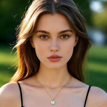 Birthstone Layered Pendant Paperclip Necklace 18k Gold Plated Heart Choker Chain Necklace Emerald Cut Jewelry Birthday Gift for Women - color: Emerald-Cut Aquamarine