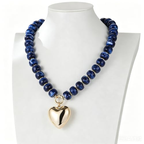 Chunky Heart Necklaces for Women Colorful Resin Beaded Necklaces for Women Gold Puffy Heart Statement Necklace Trendy Acrylic Choker Jewelry Gift - color: B-Baolan