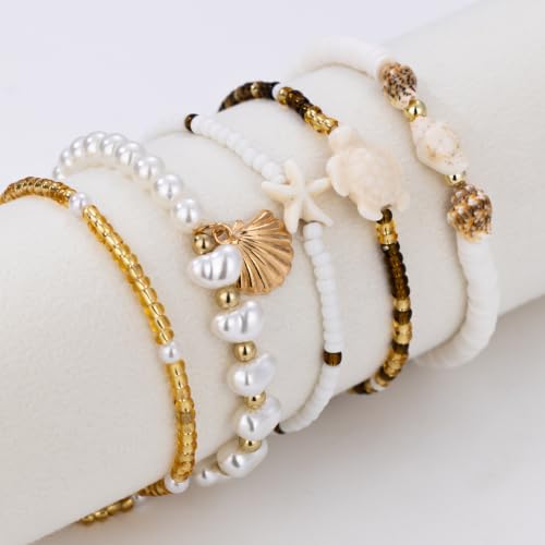 Beaded Anklet Bracelets For Women Waterproof Gold Anklets Jewelry Set Stack | non tarnish free pearl puka seashell beach boho stretchy anklet for summer dainty and tewiky gold plated - color: Pearl Shell