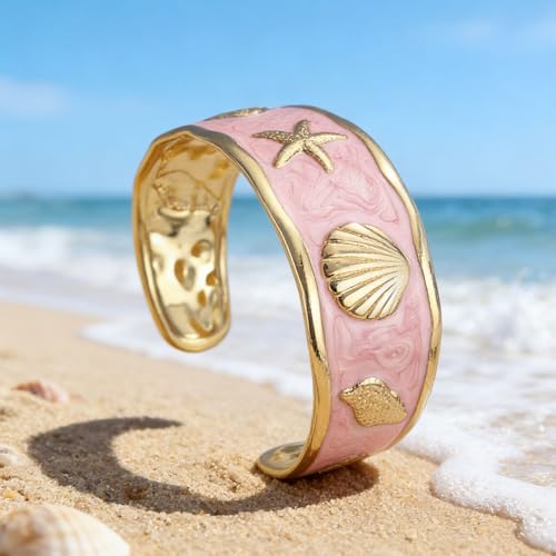 YBMYCM Chunky Shell Cuff Bracelet for Women, Hammered Boho Open Bangle | Adjustable Irregular Wide Bracelets Jewelry Gifts for Women, Perfect for Daily Wear - color: Pink2