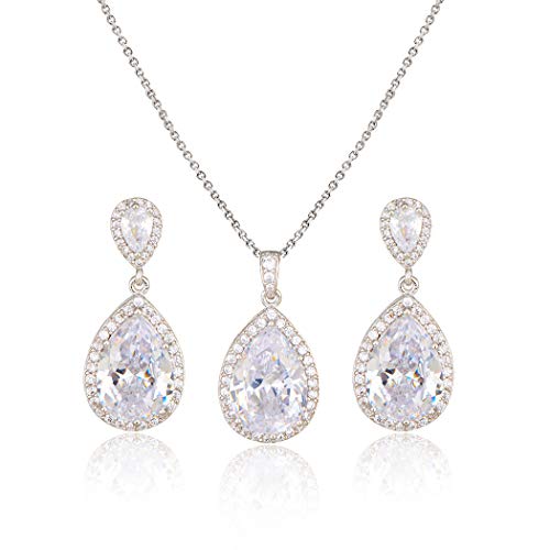 Bridal Jewelry Set for Wedding - 18k Plated Teardrop CZ Crystal Cubic Zirconia Rhinestone Necklace Earrings Set for Bride Bridesmaids Mother of Bride Party Prom Birthstone Costume Jewelry - color: Apr-Diamond