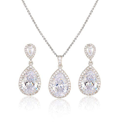 Bridal Jewelry Set for Wedding - 18k Plated Teardrop CZ Crystal Cubic Zirconia Rhinestone Necklace Earrings Set for Bride Bridesmaids Mother of Bride Party Prom Birthstone Costume Jewelry - color: Apr-Diamond