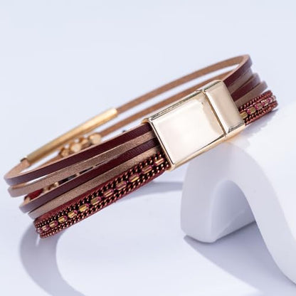 Boho Gemstone Beaded Leather Wrap Bracelets Stackable Chunky Cuff Bracelet Western Jewelry Cowboy Chic Country Concert Outfits for Women - color: Burgundy