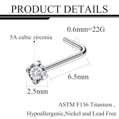 ASTM F136 Titanium Nose Rings 18G 20G 22G Clear Cubic Zirconia Nose Studs Ring Screw L-Shaped Bone Hypoallergenic Body Piercing Jewelry for Women 1.5mm 2mm 2.5mm 3mm 10PCS - style: L-Shaped:22G(0.6mm)-2.5mm CZ