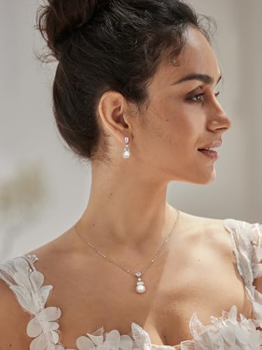 SWEETV Pearl Wedding Jewelry Set For Brides, Cubic Zirconia Wedding Necklace and Earrings Set, Elegant Bridal Jewelry Set for Women Bridesmaids Prom