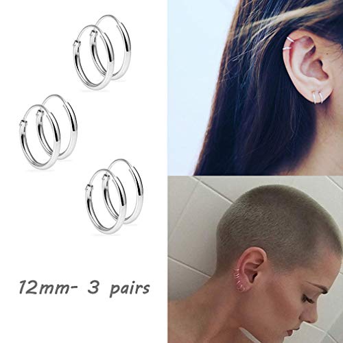 EPIRORA Silver Hoop Earrings- Cartilage Endless Small Hoop Earrings Set for Women Men, 3 Pairs of Hypoallergenic 925 Sterling Silver Tragus Earrings Nose Lip Rings - color: 3 Pairs(12mm*3)