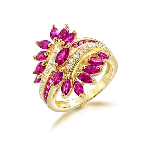 Statement Flower Ring Cocktail Leaf Ring Birthstone Anniversary Signet Ring | Hypoallergenic|14K Gold Plated|Sterling Silver Sparkling Engagement Promise Party Ring for Women, Size 6 to 10(With Box) - color: Leaf - Ruby
