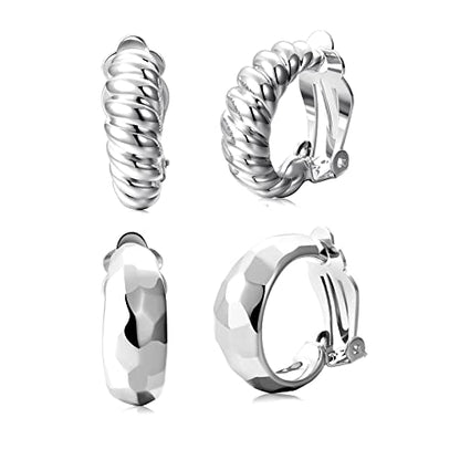 Clip on Earrings Women, 14K Gold Hoop Clip-On Earrings for Women, Hypoallergenic Non Pierced Croissant Earrings - color: White Gold Clip Hoops