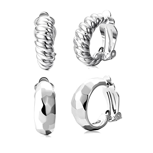 Clip on Earrings Women, 14K Gold Hoop Clip-On Earrings for Women, Hypoallergenic Non Pierced Croissant Earrings - color: White Gold Clip Hoops