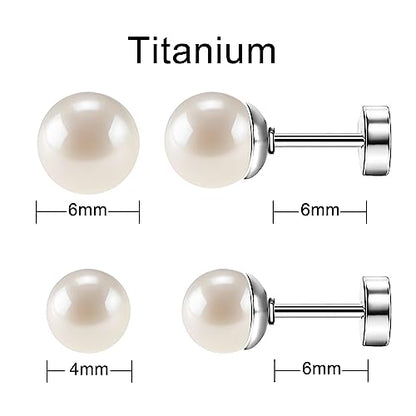 SmileBelle 2 Pairs Pearl Stud Earrings for Women, Flat Back Earring | 20 Gauge Titanium Screw Back Earrings for Nap Sleep, Cartilage Stud Earrings for Girls Helix Piercing Jewelry - size: 4mm+6mm, style: Silver Pearl