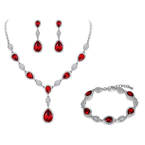 EleQueen Women's Wedding Bridal Jewelry Sets for Brides Bridesmaids, Cubic Zirconia Teardrop Necklace Tennis Bracelet Dangle Earrings Jewellery Set - color: 04-Ruby Color Clear-Tone