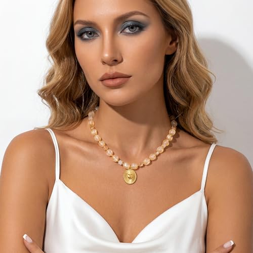Chunky Beaded Necklaces for Women Trendy Colorful Acrylic Bead Statement Necklace Puffy Heart Pendent Necklaces for Women Boho Fashion Jewelry - color: K-crystal yellow