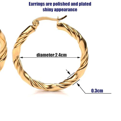 Cable Hoop Earring for Women Light-Weight Twisted Italian Design Round Hoop Earrings Diameter 25mm - color: 2-gold