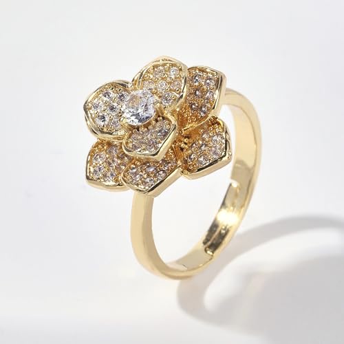 Crystal Rose Flower Spinner Fidget Open Statement Ring for Women CZ Floral Rotated Relief Anxiety Stacking Finger Rings Wedding Engagement Promise Bands Dainty Birthday Jewelry for Adjustable - color: Gold