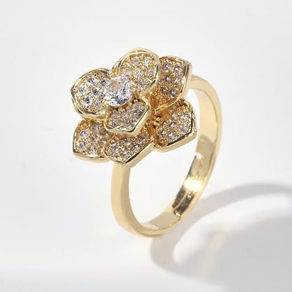 Crystal Rose Flower Spinner Fidget Open Statement Ring for Women CZ Floral Rotated Relief Anxiety Stacking Finger Rings Wedding Engagement Promise Bands Dainty Birthday Jewelry for Adjustable - color: Gold