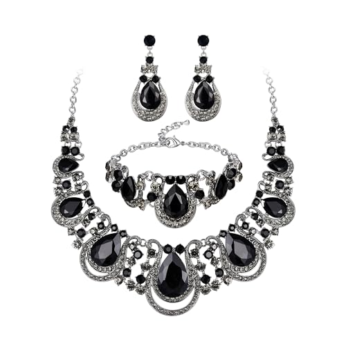 Women's Statement Jewelry Set for Wedding Prom Accessories | Shiny Teardrop Crystal Cluster Hollow Necklace Dangle Earrings Chain Bracelet Set for Bride Bridesmaid - color: Black Silver-Tone