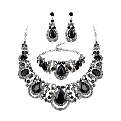Women's Statement Jewelry Set for Wedding Prom Accessories | Shiny Teardrop Crystal Cluster Hollow Necklace Dangle Earrings Chain Bracelet Set for Bride Bridesmaid - color: Black Silver-Tone