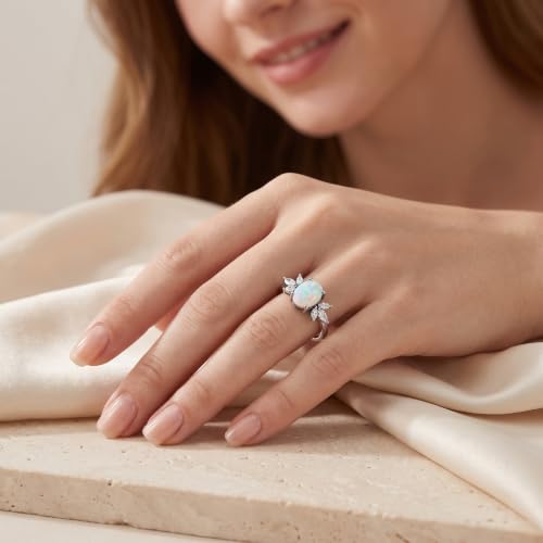 MRENITE Oval Floral Ring for Women S925 Sterling Silver Gemstone Ring for Her Anniversary Birthday Engagement Promise Jewelry Gift - color: White Opal