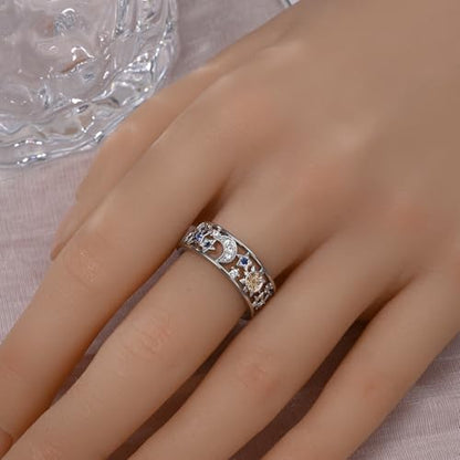 KUNSIR 925 Silver Cubic Zirconia Ring Size 7-9 Wedding Band Sterling Silver Eternity Ring Modern Style - style: Wide Band Star and Moon Ring