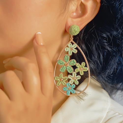 Boho Raffia Flower Teardrop Earrings Cute Colorful Dangle Trendy Jewelry | Floral Drop Statement Big Dangling Earring Hypoallergenic Gold Fun Unique Summer Spring Beach Vacation Outfits for Women - color: Green